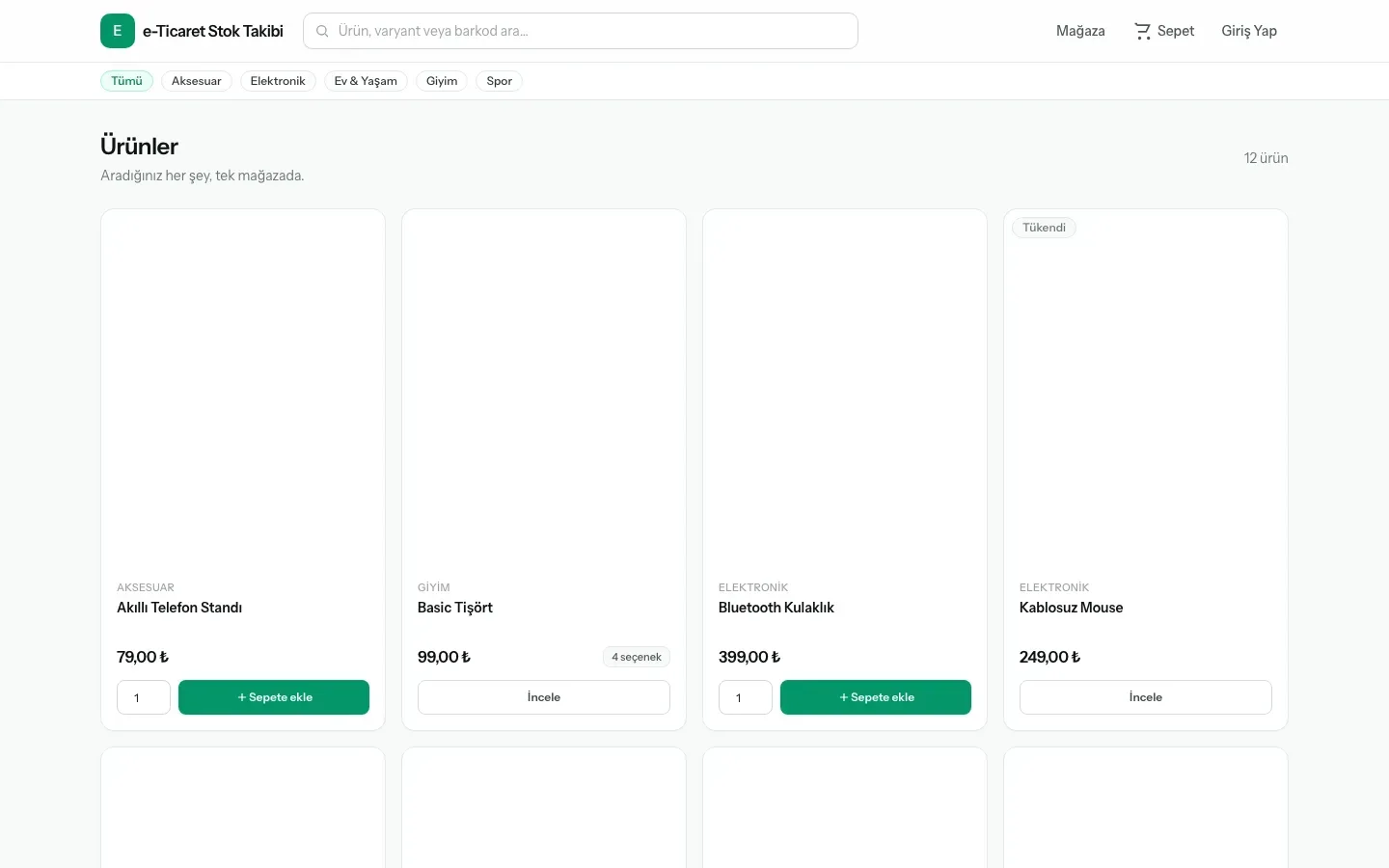 E-Ticaret ve Stok Takip Sistemi proje ekranı