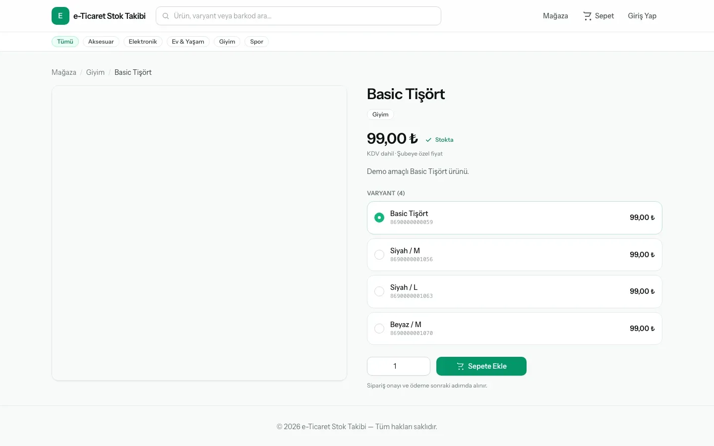 E-ticaret sisteminde ürün varyantı ve stok durumu ekranı