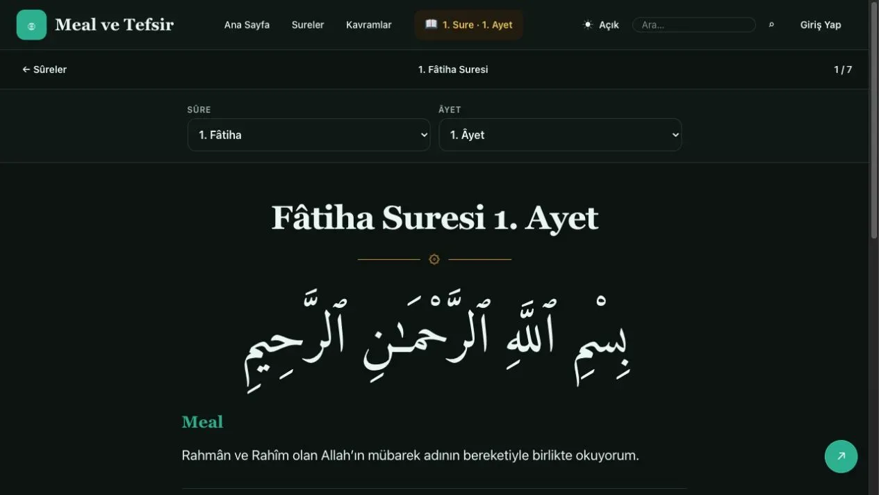 Meal ve Tefsir platformunda Fâtiha sûresi âyet okuma ekranı